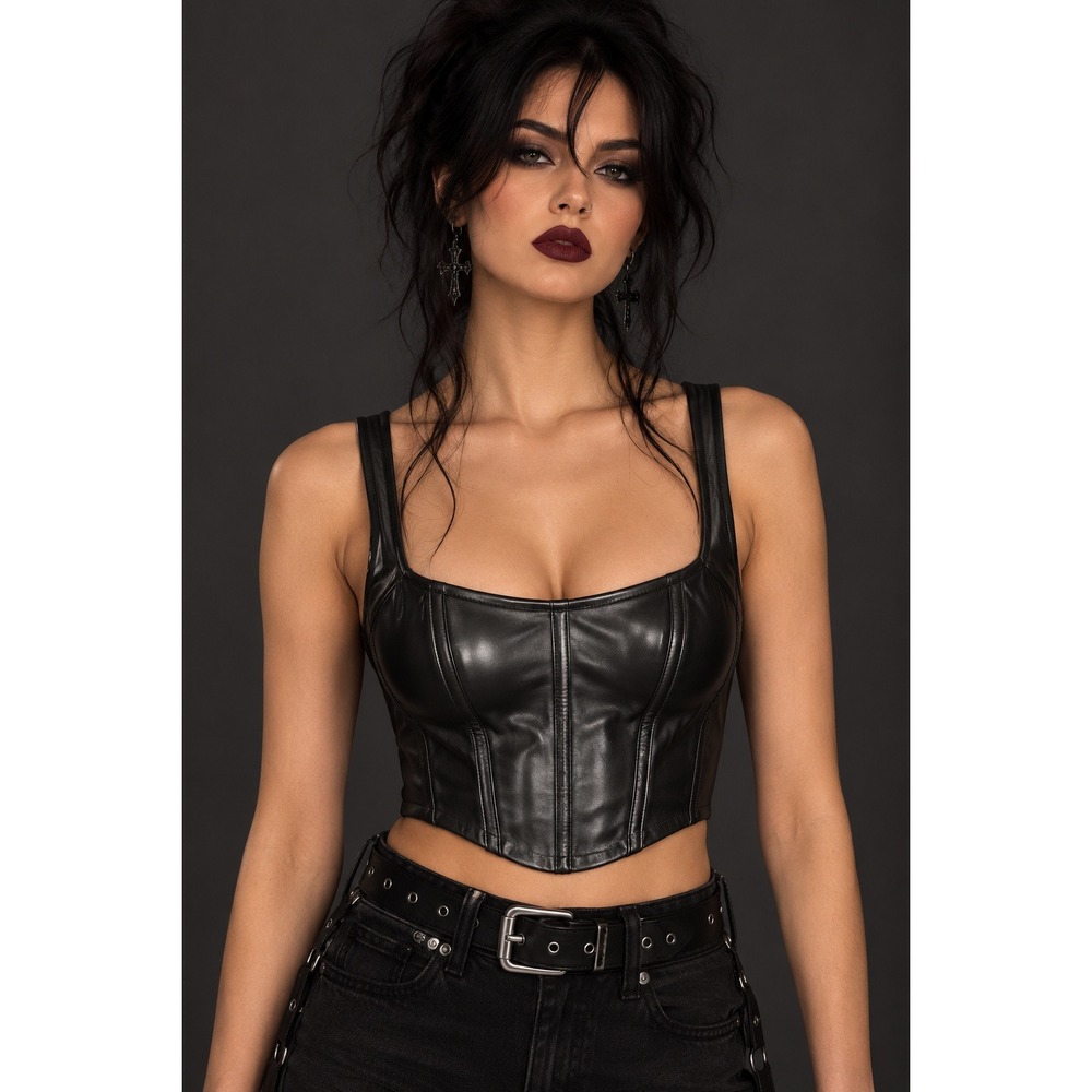 Goth Vamp Faux Leather Corset Crop Top Black Club Rave Biker Small